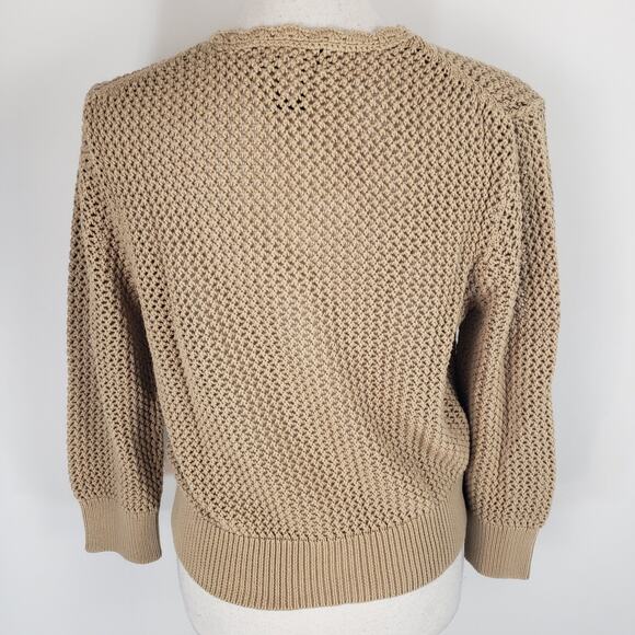 Pointelle Tan Button Up Open Mesh Knit Long Sleeve Crochet Neck Crop Cardigan XL - Picture 6 of 12